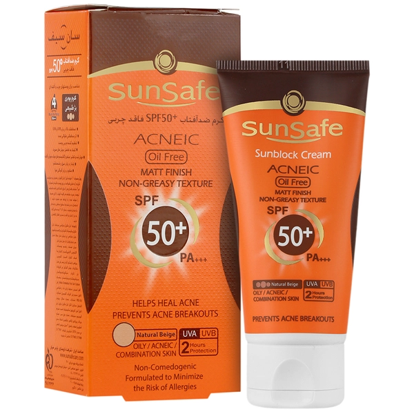 سان سیف کرم ضد آفتاب فاقد چربی  رنگ بژ طبیعی مناسب پوست چرب و آکنه ای SPF50